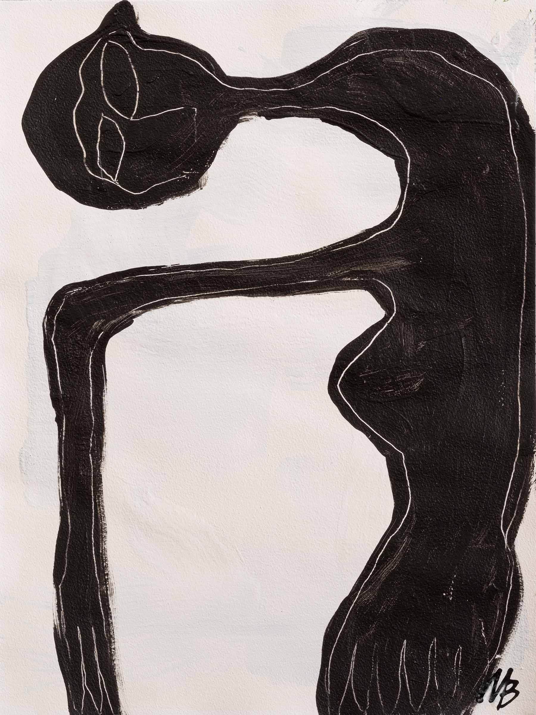 An abstract black and white painting of a person holding their hands to their head.