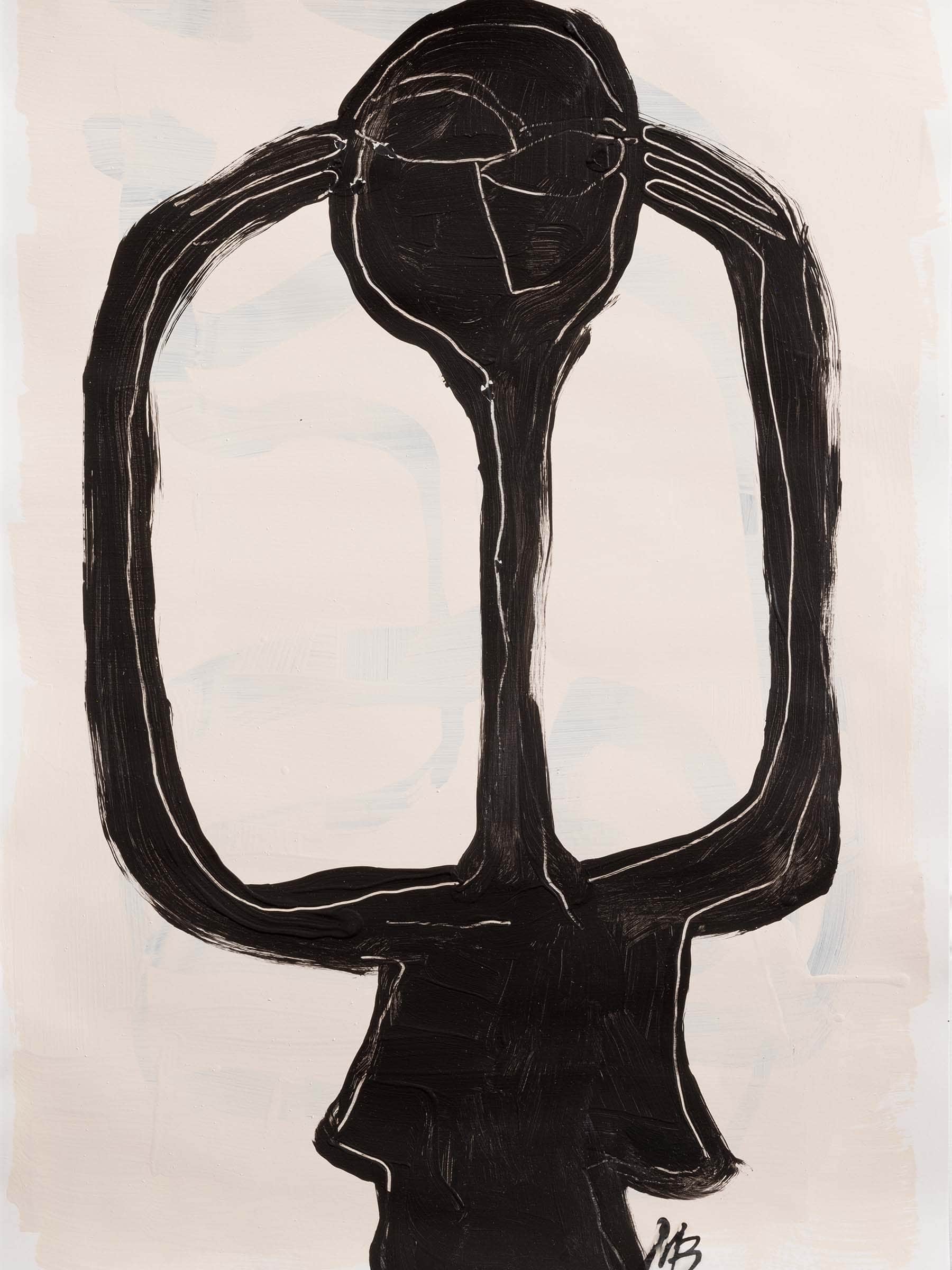 An abstract black and white painting of a person holding their hands to their head.